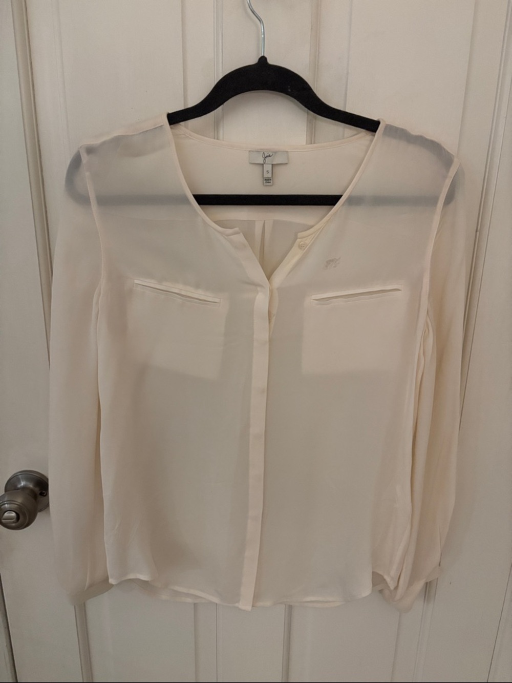 Joie Cream Sheer 100% Silk V-Neck Long-Sleeve Blouse